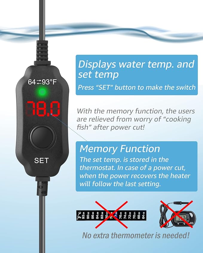 300W Adjustable Aquarium Heater Super Short Submersible Fish Tank Heater Fish Heater with LED Digital Display Thermostat, for Tanks 40-60 Gallons