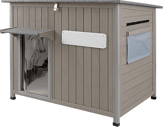 43.3" L Large Outdoor Dog House Weatherproof Doghouse for Medium to Large Dogs with Anti Bite Frames Wooden Dog Kennel with Window,8 Elevated Feet,Reinforced Bottom for Pet Up to 180 LBS