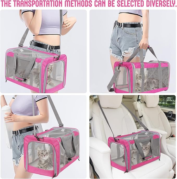 Pet Carrier for Large Cats of 20 Lbs, Collapsible Carrier Bag for Big Cat or 2 Kittens,Soft Sided Puppy Carrier with Sturdy Travel Transport Strap, Adequate Ventilation, 4 Mesh Windows (Pink)