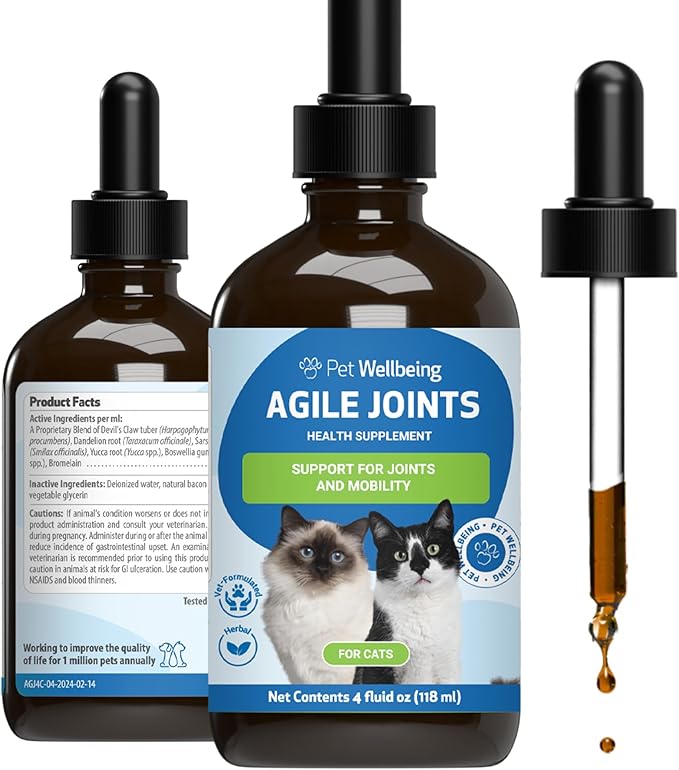 Pet Wellbeing Agile Joints for Cats - Veterinarian-Formulated - Hip and Joint Health, Mobility, Devil’s Claw, Boswellia, Joint Ligament and Cartilage - Herbal Supplement 4 oz (118 ml)