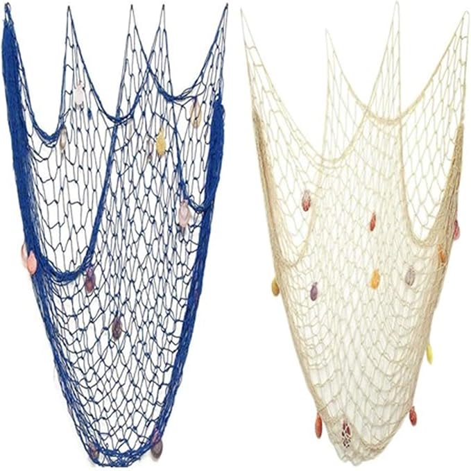 Nature Fish Net Wall Decoration with Shells, Ocean Themed Wall Hangings Fishing Net Party Decor for Pirate Party,Wedding,Photographing Decoration (Fishnet-2pack-Beige & Blue)