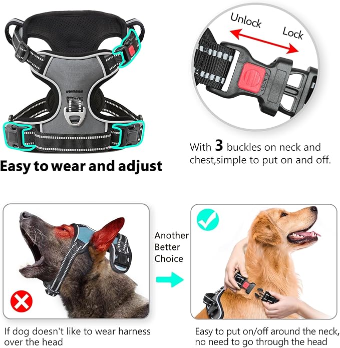 Timos Dog Harness Large Sized, No Pull with Neck Lockable Snap,No Choke Front Clip Dog Reflective Harness,Adjustable Metal Rings 3 Buckles,Easy Control Handle for Large Dogs Gray XL