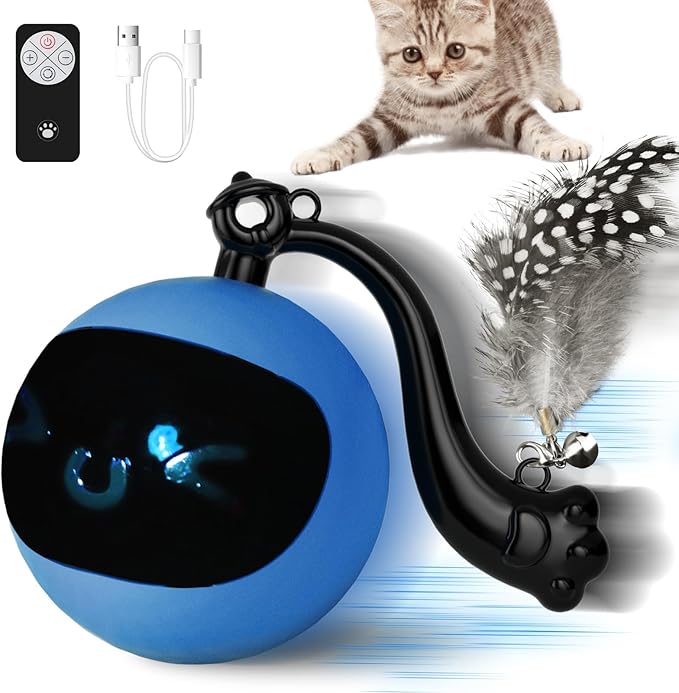 Interactive Cat Toy Ball with Remote Control, Automatic Moving & Rolling Cat Feather Toy, USB Rechargeable, Motion Activated Remote Control Cat Toy for Indoor Cats (Blue)
