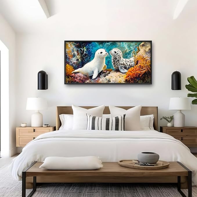 Extra Large Seal Framed Wall Art for Living Room,Oversized Underwater Animal Pictures Wall Decor,Ocean Coral Reef Canvas Print Painting Modern Artwork Bedroom Office Bathroom 60L" x 30W"