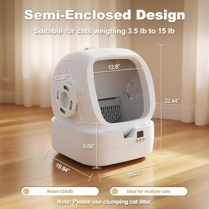 Automatic Cat Litter Box Self Cleaning - APP Control and Weight Monitoring - Ultra-Quiet, Suitable for Medium Cats and Kittens, Safe Anti-Pinch Litter Box (Assembly Required) -White
