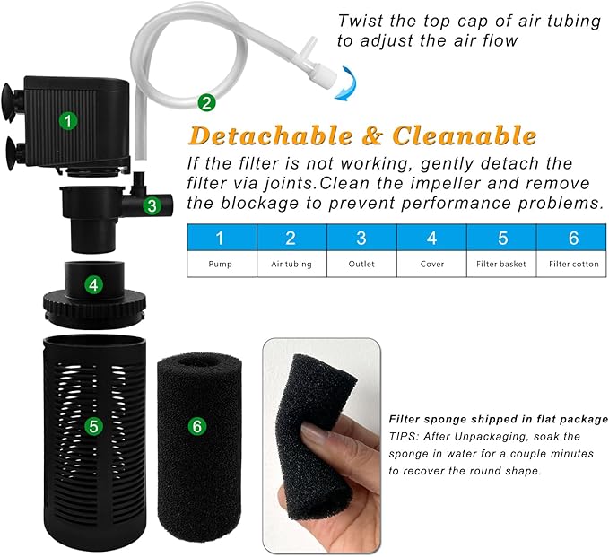 DOMICA Small Aquarium Filter with Aeration System 92GPH 5W Internal Filter for 3 to 10 Gallons Fish Tank, Submersible Fish Tank Filter with 4-pack Pre-filter Sponge