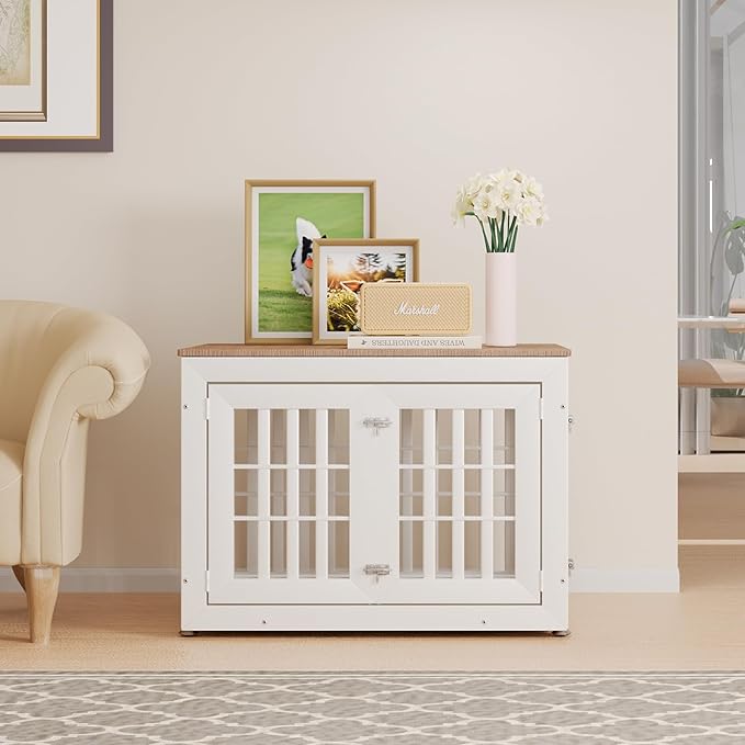 38" Heavy Duty Dog Crate Furniture for Small,Medium and Large Dogs,Rustic Wooden Dog Cage Kennel Indoor Furniture with Waterproof Top,Decorative Pet House Side End Table (White & Wood)