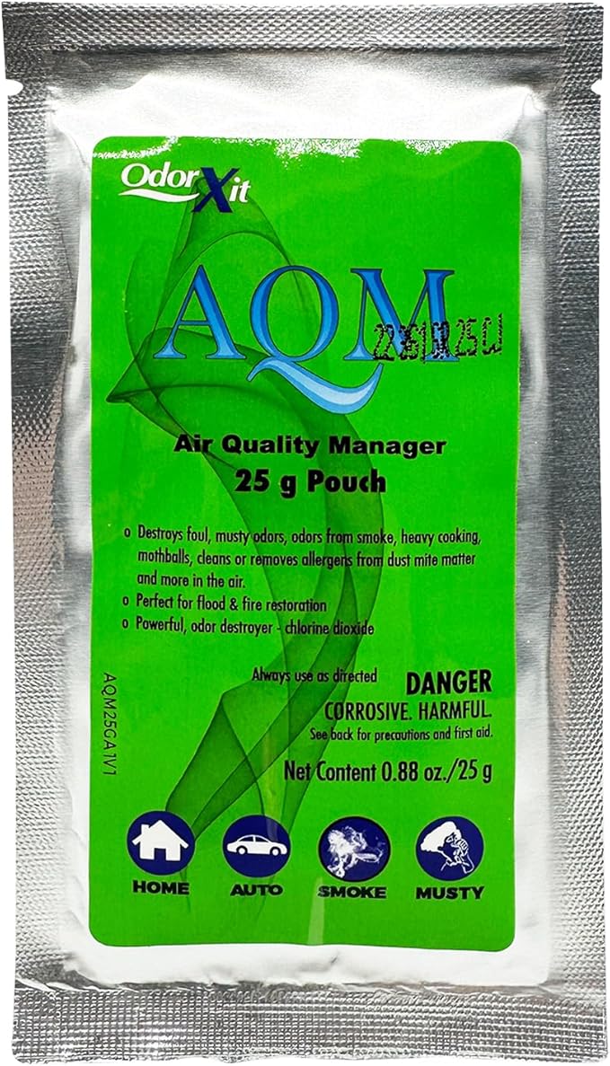AQM by OdorXit, Air Quality Manager Chlorine Dioxide Odor Removal Packet, Dog Odor Eliminators for Hom, Wet Dog Smell & Car Deodorizer, Cigarette & Strong Smell Neutralizer, 25g