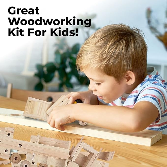 Kraftic Woodworking Building Kit for Kids and Adults, with 3 Educational DIY Carpentry Construction Wood Model Kit Toy Projects for Boys and Girls - Tow Truck, Birdhouse and Dump Truck