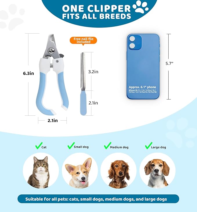 Pet Nail Clippers and Trimmers for Dogs and Cats, Professional Grooming Tool with Safety Guard, Sharp Blades, Free Nail File, Avoid Overcutting, Suitable for Small and Large Pets (Blue)
