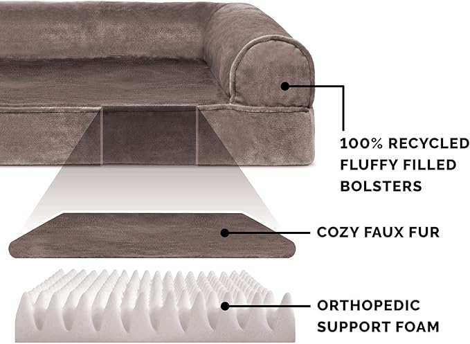 Furhaven Orthopedic Dog Bed for Large Dogs w/ Removable Bolsters & Washable Cover, For Dogs Up to 95 lbs - Faux Fur & Velvet Sofa - Driftwood Brown, Jumbo/XL
