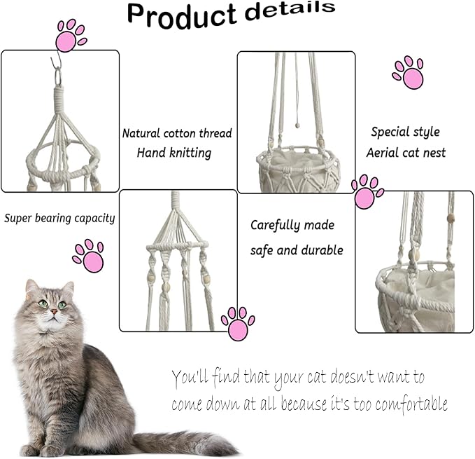 kathson Macrame Cat Hammock with Cushion,Handwoven Cats Bed,Hanging Indoor Boho Kitten Swing Beds for Playing Sleeping Climbing and Lounging(XL)