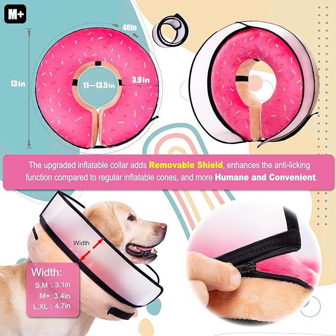 Inflatable Dog Cone Collar with Enhanced Anti-Licking, Soft Neck Donut for Dogs Cats, Recovery Pet Cone Collar After Surgery for Large Medium Small Dogs… (Donut Pink, Medium+)