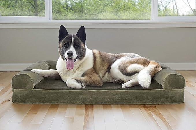 Furhaven Cooling Gel Dog Bed for Large Dogs w/ Removable Bolsters & Washable Cover, For Dogs Up to 95 lbs - Faux Fur & Velvet Sofa - Dark Sage, Jumbo/XL