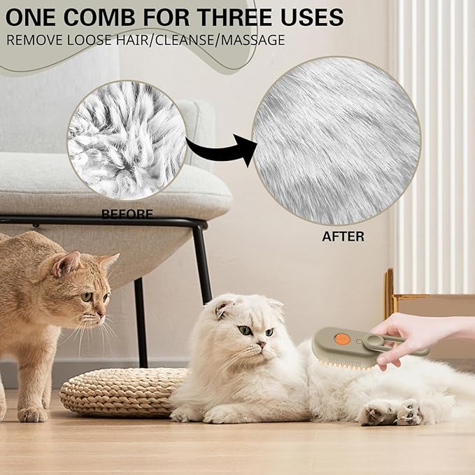 Steamy Pet Brush - Convenient Hair Removal, Easy Collection, Massage Function - Ideal Steam Brush for Cats! (White)1