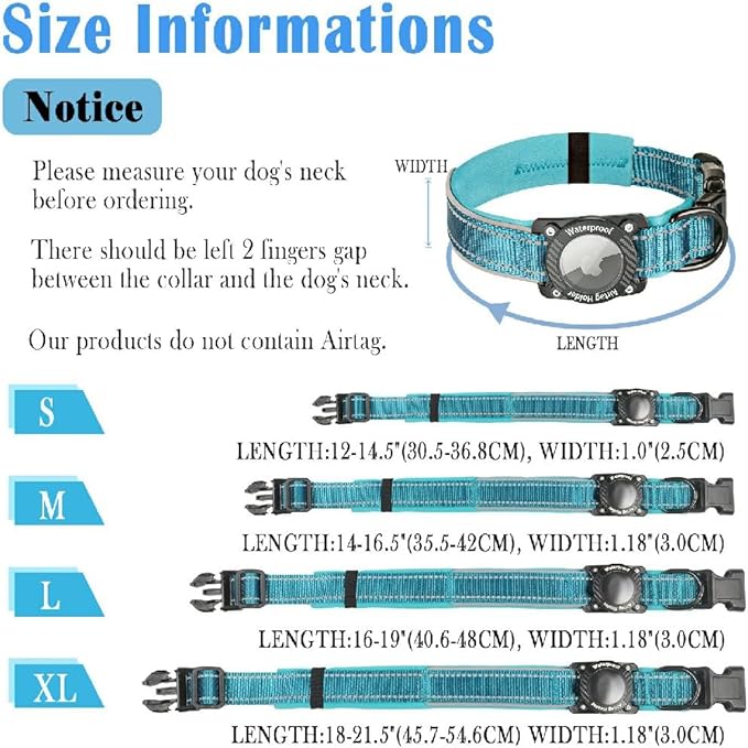 Upgraded AirTag Dog Collar, IP68 Waterproof Dog Collar with Apple Air Tag Holder, Reflective Adjustable Heavy Duty Dog Collars with Soft Padded for Small, Medium and Large Dogs,Blue, S