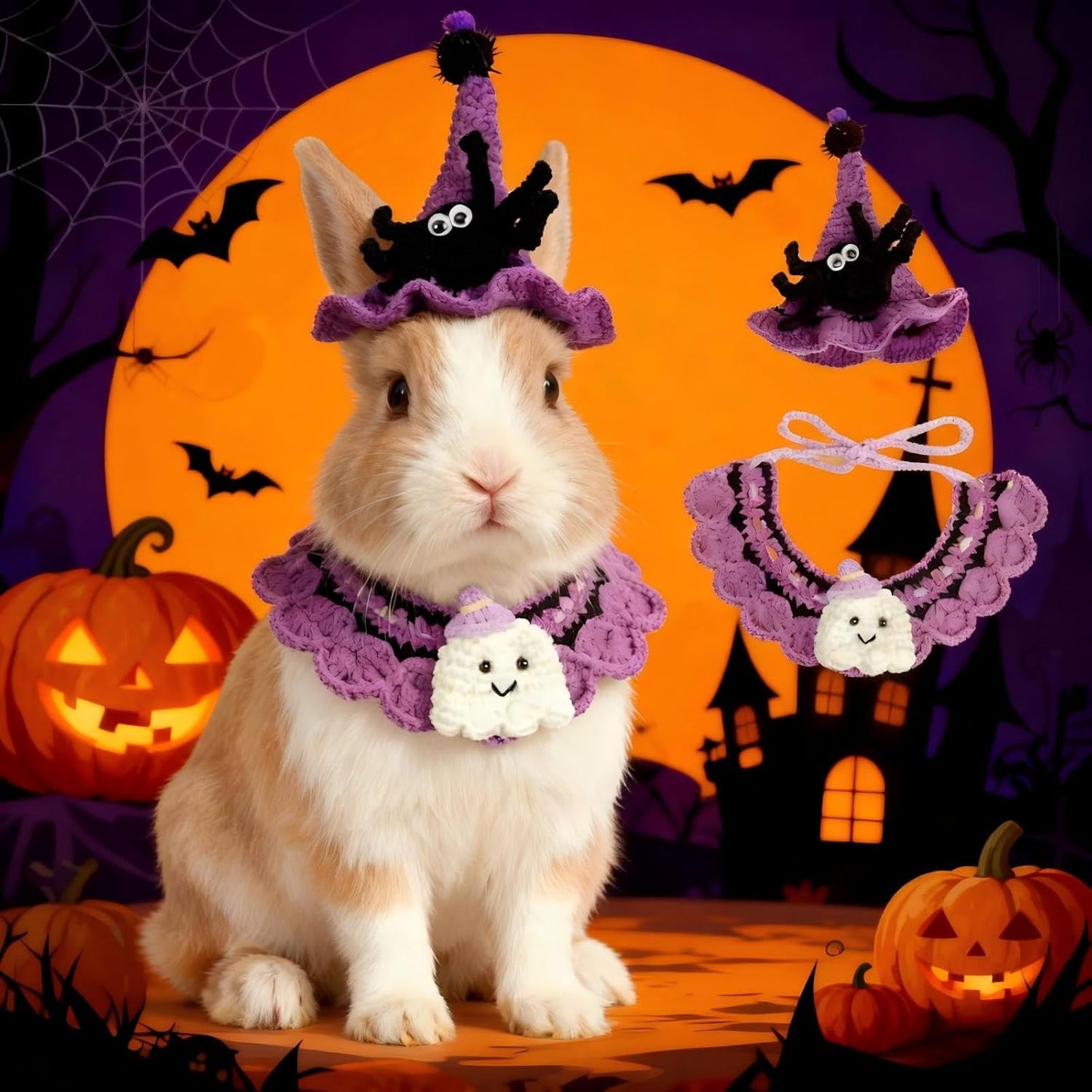 Halloween Cat Costume & Dog Outfit – Handmade Purple Witch Hat & Cute Ghost Cat Clothes, Adjustable Pet Outfit for Rabbits,Cats &Small Dogs, Lightweight & Breathable, Festive Pet Accessories (Small to Large Pet)