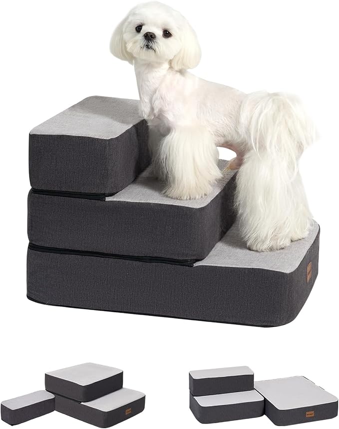 3-Step Adjustable Dog Stairs for Sofa and Couch, Dog Steps for Small Dogs and Cats, Foldable Pet Stairs for Low Bed Climbing, Non-Slip Pet Step Indoor, Grey