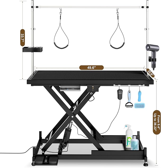 Electric Pet Grooming Table for Large Dogs - Professional Heavy Duty Height Adjustable Pet Grooming Station with Anti Slip Tabletop, Two Nooses & Tool Organizer, Maximum Capacity Up to 250 lbs Black