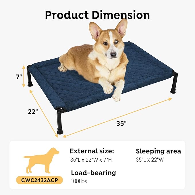 Veehoo Soft Plush Elevated Dog Bed, Raised with Heavy Duty Frame, Non-Slip Silicon Feet, Washable & Breathable Pet Cot for Indoor/Outdoor Use, 35" x 22", Navy Blue, CWC2432A