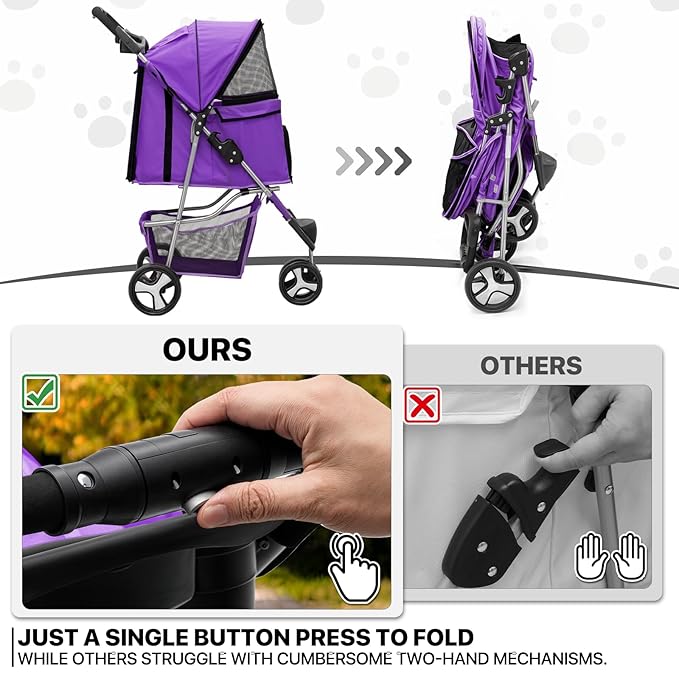 MoNiBloom 3 Wheels Pet Dog Cat Stroller for Small Medium Dogs Cats, Lightweight Foldable Jogger Stroller w/Storage Basket and Cup Holder, Purple