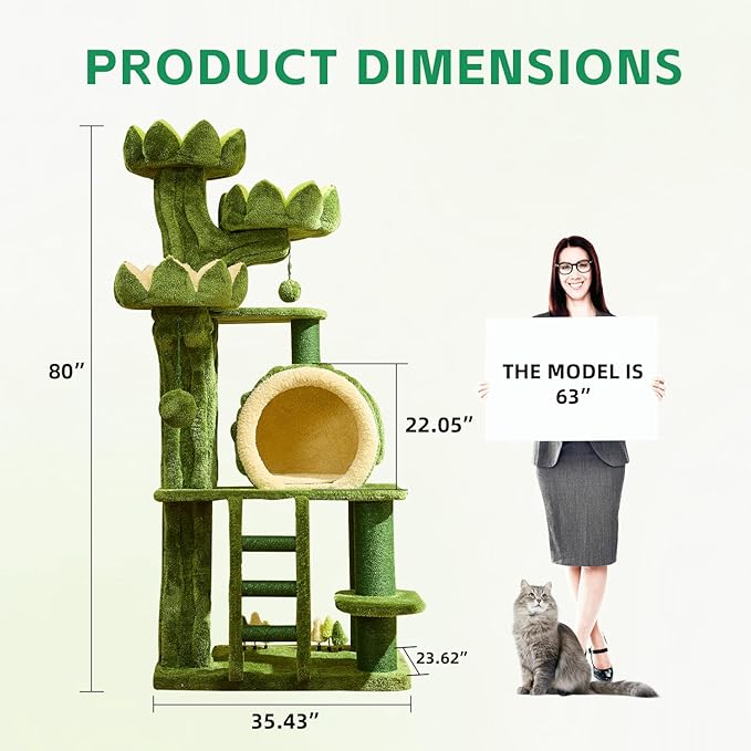 80.35'' Luxury Cat Tree for Indoor Cats, All-in-One Tall Flower Tower with Scratching Post, Multi-Level Heavy Duty Cat Tree for Indoor Cats, Solid Wood Cat Condo for Multi-Cat Families