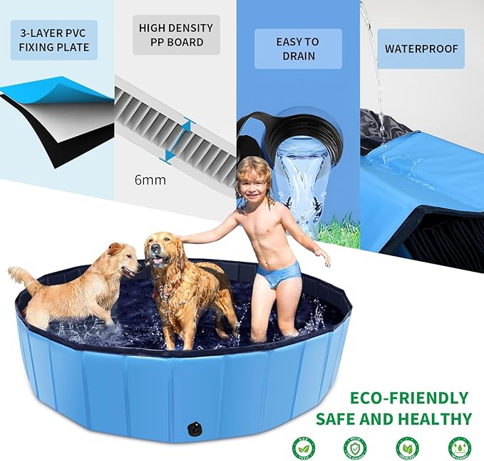 Foldable Dog Pool, 55" x 12" Kiddie Pool with Hard Plastic, Non-Slip Dog Bath Tub for Outdoor Backyard, Collapsible Dog Swimming Pool for Kids Dogs Pets (Blue)