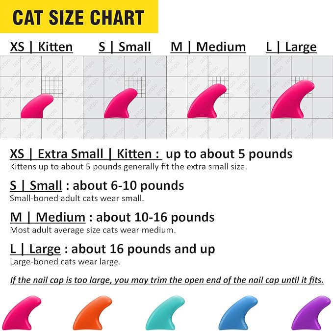 zetpo Cat Nail Caps | Cat Claw Covers | with Adhesives and Applicators (XS, 5X Solid Random Colors | 100 pcs)
