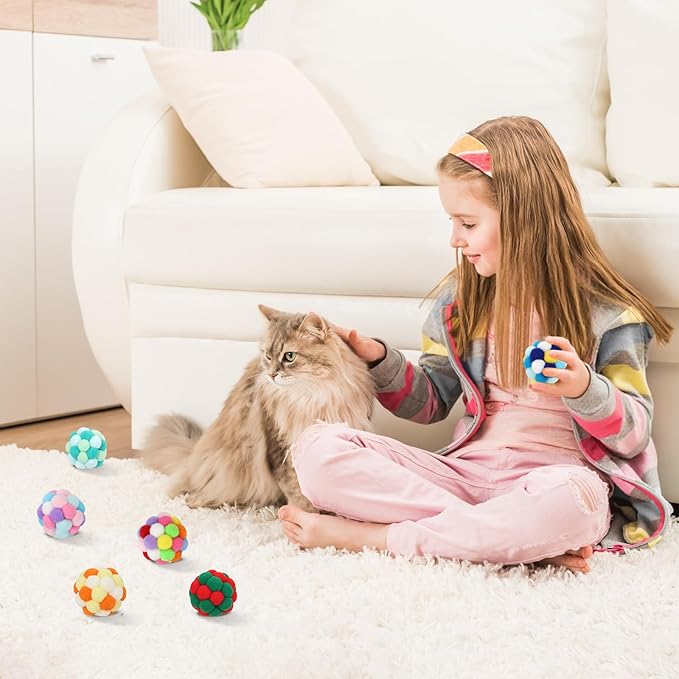TUSATIY Interactive Cat Ball Toy, 6PCS Fuzzy Kitty Balls with Bells,Cats Pom Pom Balls for Kittens to Keep Busy,Colorful Cat Chew Toys for Indoor Cats