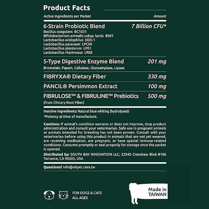 Oh!Pet® 5-in-1 Digestive Probiotics – 7B CFU Powder for Dogs & Cats with Prebiotics & Enzymes (Codfish, 30 Packets)