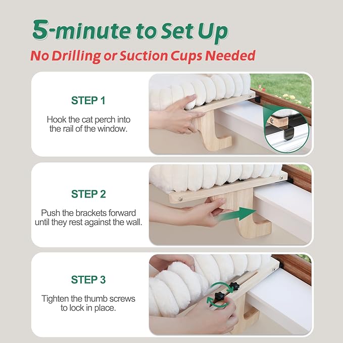 SnugCloud Cat Window Perch with 4-Sided Bolster - Orthopedic Cat Hammock for Window Sill - Solid Hardwood & Metal Frame - Window Seat for Pets (Natural Color Wood w/Gray Bed, Large)