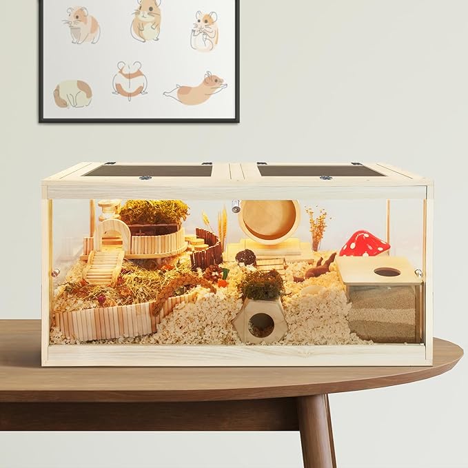 Hamster Habitat Chewproof,Wooden Hamster Cage with Openable Metal Mesh Top,Gerbil Cage with Lock Design for Hamster House (32"x16"x16")