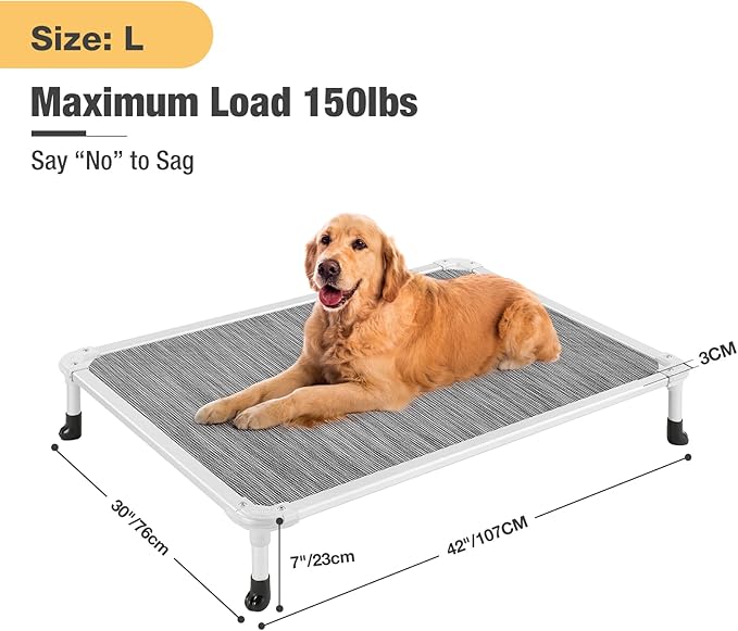 Veehoo Chew Proof Elevated Dog Bed - Cooling Raised Pet Cot - Silver Aluminum Frame and Durable Textilene Mesh Fabric, Unique Designed No-Slip Feet for Indoor or Outdoor Use, Black Silver, Large