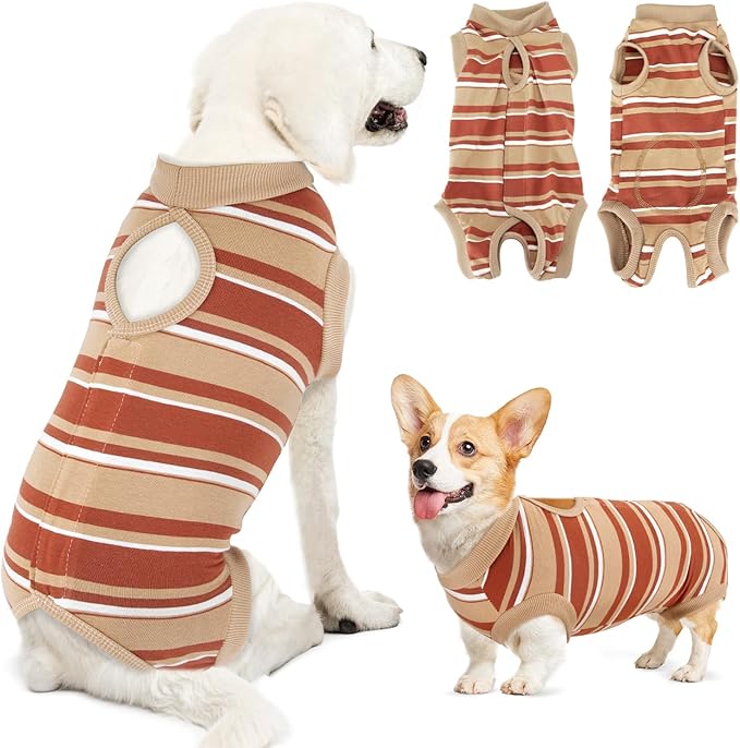 Lukovee Recovery Suit for Dogs, Onesie Surgery Recovery Suit for Female Male Dogs, Abdominal Wounds Cone E-Collar Alternative Prevent Licking Spay Recovery Suit (Brown Stripes,XL)