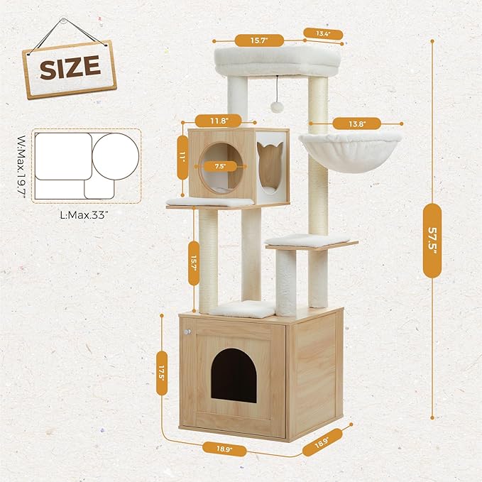 PEQULTI 57.5" Cat Tree with Litter Box Enclosure Large, Wood Cat Tower for Indoor Cats with Storage Cabinet and Cozy Cat Condo, Sisal Covered Scratching Post and Repalcable Dangling Balls, Beige