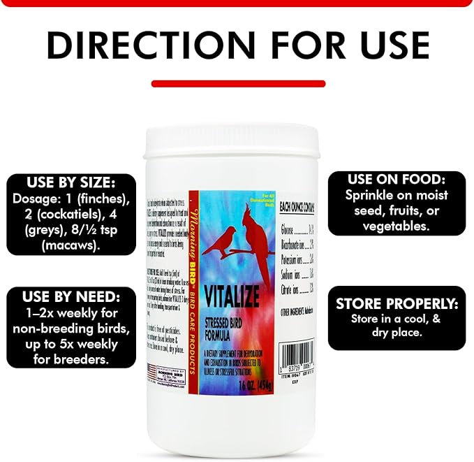 Morning Bird Vitalize, Supplement for Sick, Injured, or Stressed Caged Birds; Dehydration and Exhaustion Treatment for Parakeets, Cockatiels, Budgies, Finches, Canaries, and Parrots, 16 oz