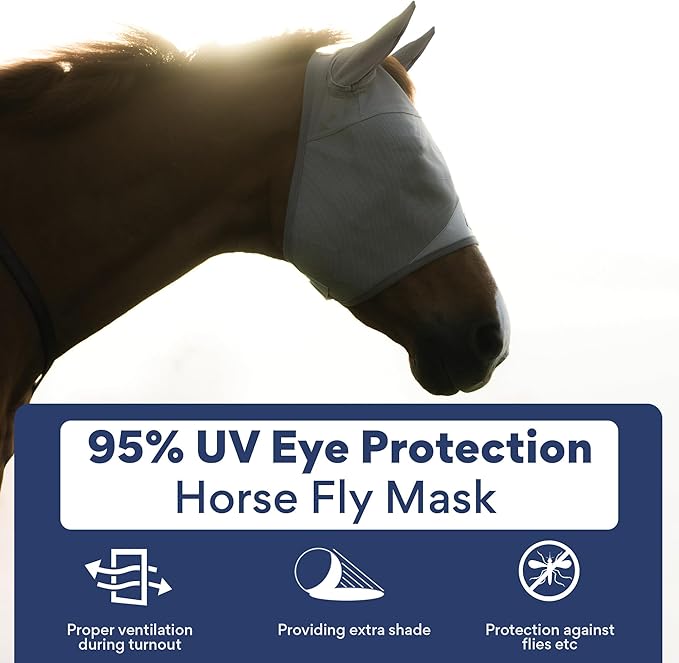 Horse Fly Mask with Ears | Built-in Visor | Breathable, Lightweight Mask | 95% UV Eye Protection | Adjustable Fit for Comfort Horse Medium/Large Size