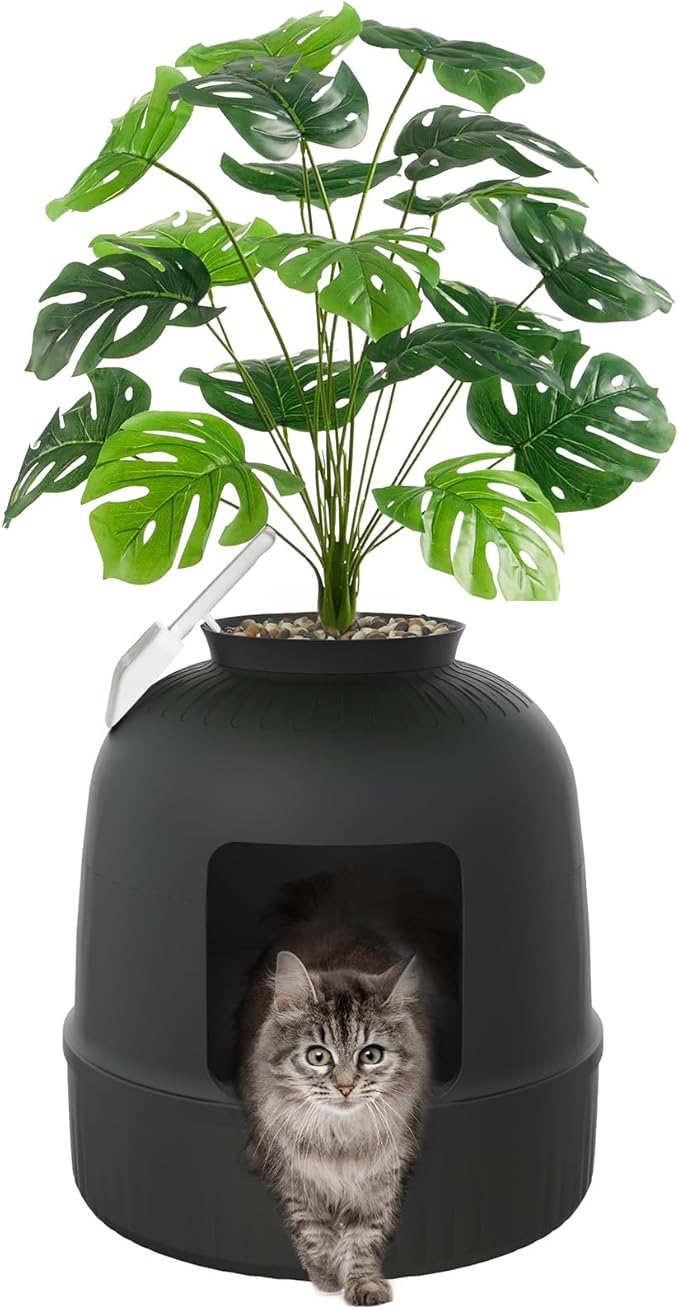 Lifewit Litter Box Cat with Faux Plant & Scoop, Hidden Enclosure Litter Tray with Odor Control & Carbon Filter in Living Room, Bedroom, Corner, Black