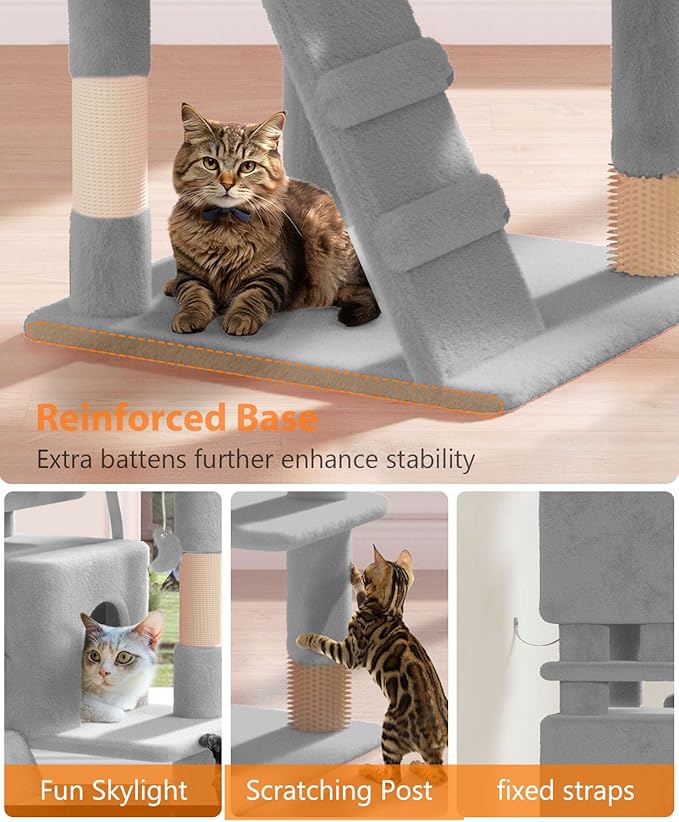 60'' Cat tree Tower for Indoor Cats Large Adult,Cute/Tall Modern Cat Tree for Big Cats 20 lbs,Plush Multi-Level Cat Condo with Scratching Posts,Dangling Ball for fun play(Light Gray, 60 inch)