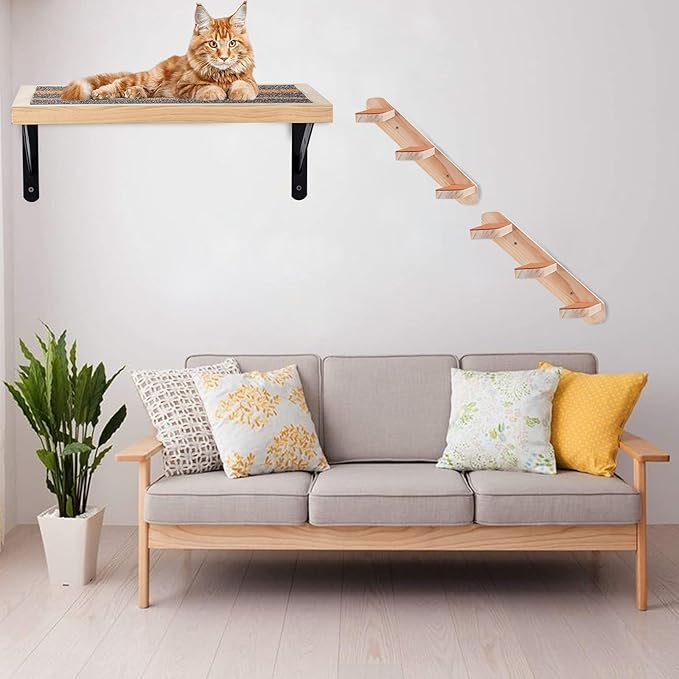 Handcrafted Wood Cat Perch & Shelves - Floating Shelf with Cat Hammock Seat, Lounge Bed, Climbing Steps for Relaxing, Playing and Scratching