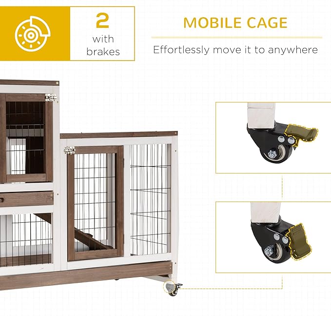 PawHut Wooden Rabbit Hutch Elevated Bunny Cage Indoor Small Animal Habitat with Enclosed Run with Wheels, Ramp, Removable Tray Ideal for Guinea Pigs, Brown