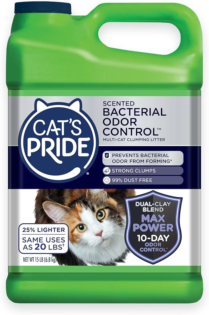 Cat's Pride Max Power: Bacterial Odor Control - Up to 10 Days of Powerful Odor Control - Strong Clumping - 99% Dust Free - Multi-Cat Litter, Fresh Scented, 15 Pounds