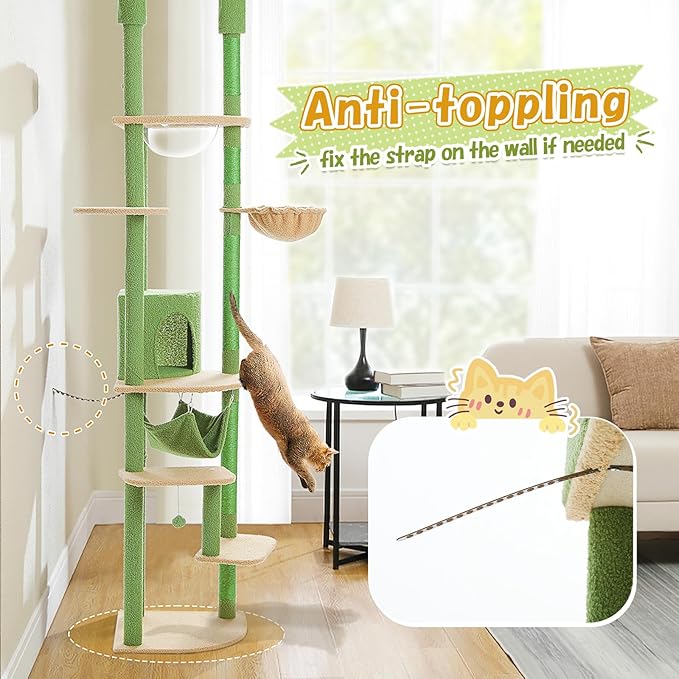 PEQULTI Floor to Ceiling Cat Tree 92.9’’-101.6’’ Height Adjustable Cat Tower Tall Kitty Climbing Play House with Scratching Posts, Cozy Condo, Perches and Large Hammock for Indoor Cats Green
