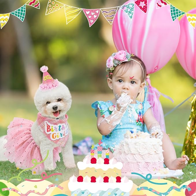 SCENEREAL Dog Birthday Bandana Hat with Dress Girl Set Party Supplies Plaid Puppy Birthday Outfit Cute Dog Tutus for Small Medium Lage Dogs, Pink Plaid
