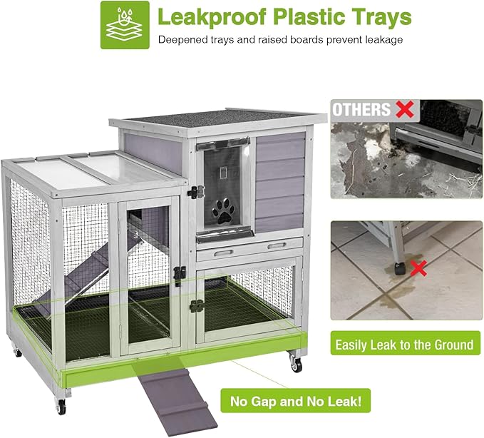 GUTINNEEN Two-Story Rabbit Hutch Large Bunny Cage with Wire Mesh Floor, Leak-Proof Trays, Lockable Wheels for Indoor and Outdoor Use, 40.6" L x 26" W x 37.6" H