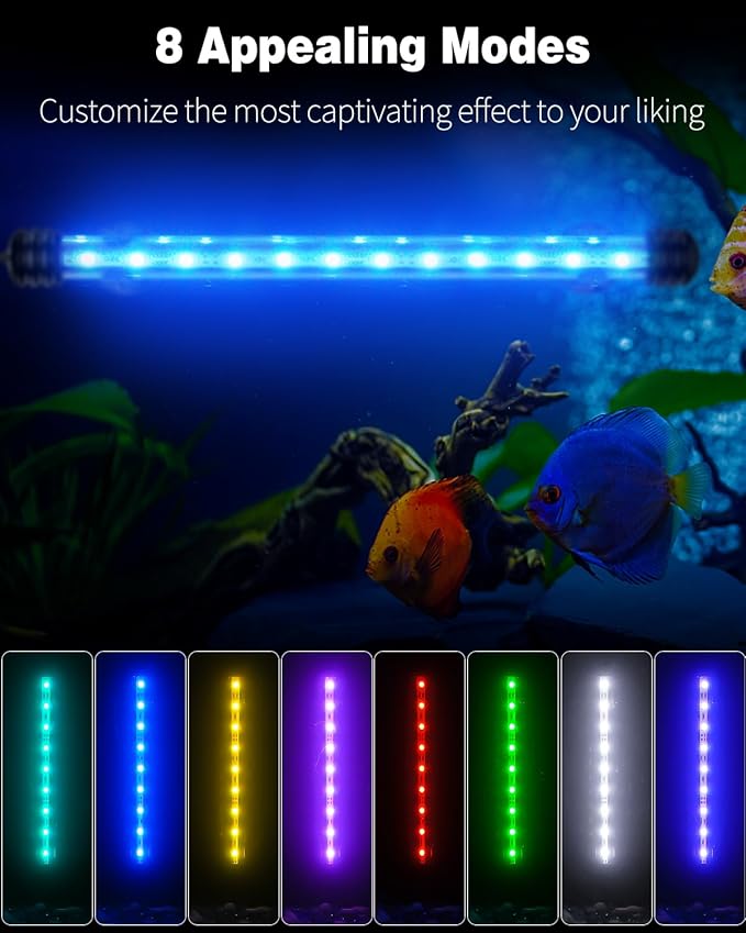 Pawfly 3 W Aquarium LED Light 11 Inch Underwater Fish Tank Light with Timer Auto On/Off Fish Tank Background Light with 8 Lighting Modes Submersible Multi-Colored Tube Light for Decoration