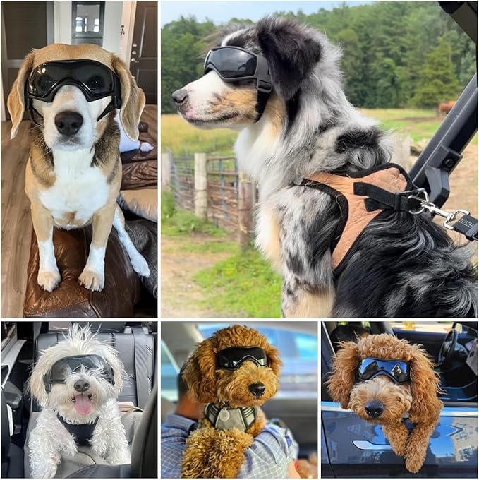Dog Goggles Dog Sunglasses for Medium Breed UV Protection Windproof with Adjustable Head Straps Chin Straps for Ride Car/Hiking Travel/On Beach-Black