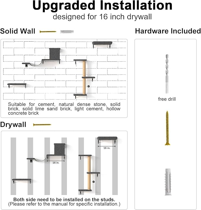 FUKUMARU Cat Wall Shelves, Stable & Safe 4 in 1 Cat Furniture Set, Wooden Climbing Wall with Scratching Post for 16 Inch Drywall - Gray