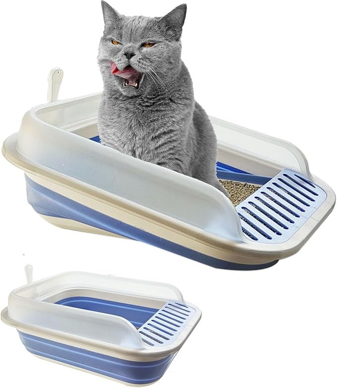 Open Cat Litter Box with High Side, Anti-Splashing Kitty Litter Pan Collapsible Travel Litter Potty Pan Scoop Leak-Proof Pedal Cat Toilet No Smell Easy Clean (M Blue High Side)