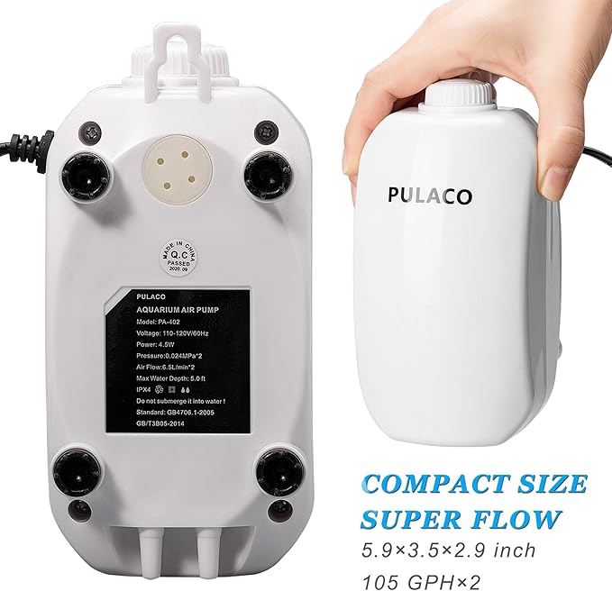 PULACO 210 GPH Ultra Quiet Aquarium Air Pump Dual Outlet, Fish Tank Aerator Pump with Accessories, Under 300 Gallon Fish Tanks